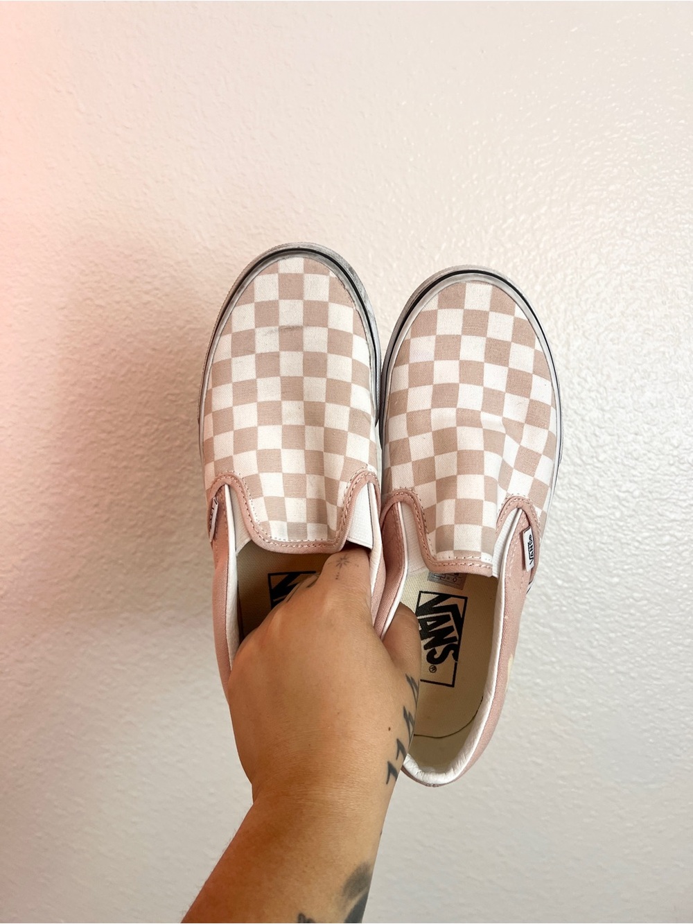 Vans Slip-On Checkerboard Sneakers in Blush and White
